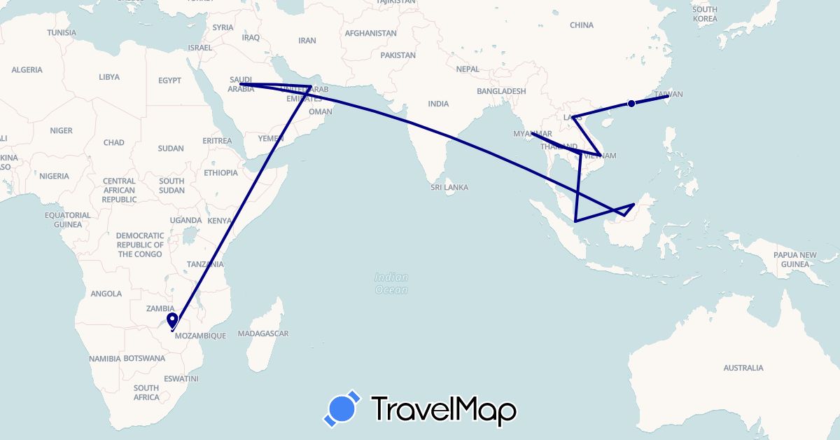TravelMap itinerary: driving in United Arab Emirates, Brunei, China, Cambodia, Laos, Myanmar (Burma), Mauritius, Malaysia, Saudi Arabia, Singapore, Thailand, Taiwan, Vietnam, South Africa (Africa, Asia)